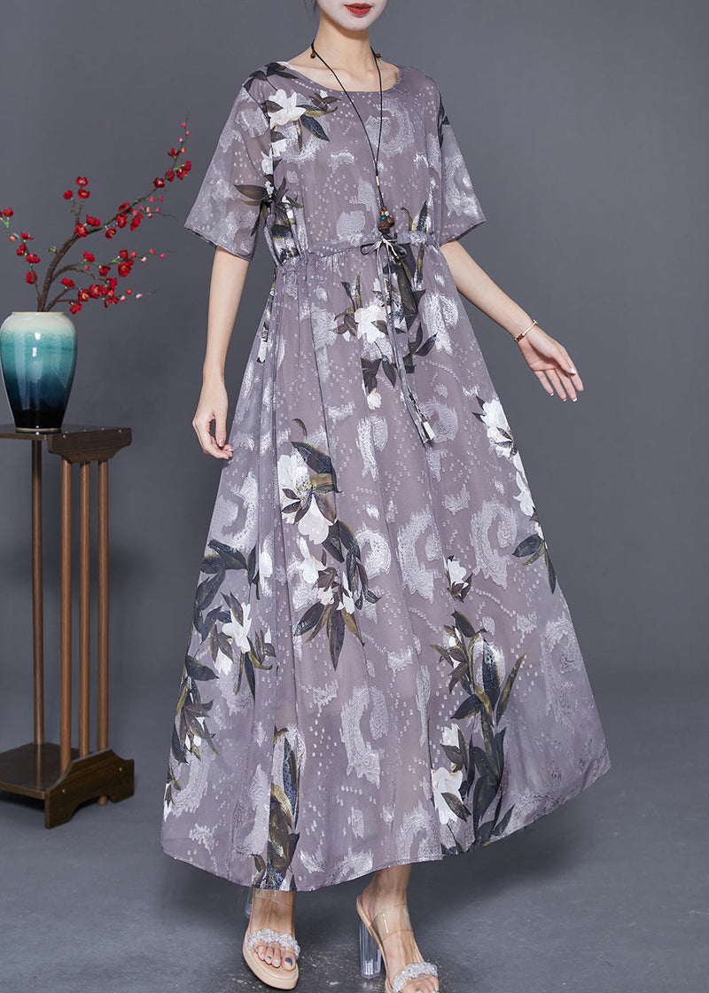 Grey Cinched Print Chiffon Long Dresses Summer