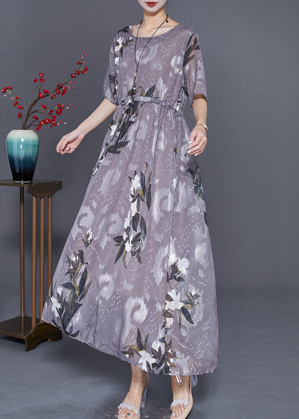 Grey Cinched Print Chiffon Long Dresses Summer