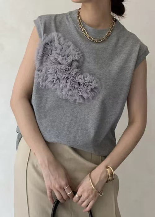 Grey Decorated Cotton Tank Tops Sleeveless