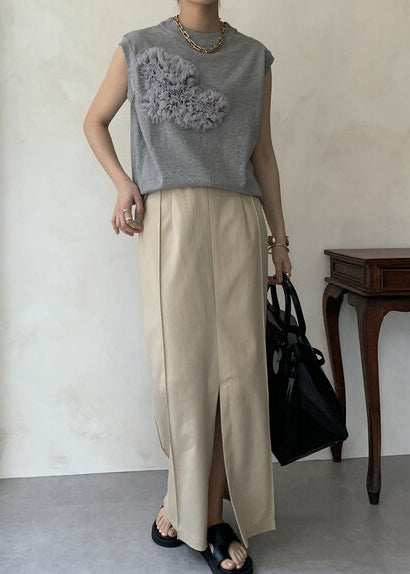 Grey Decorated Cotton Tank Tops Sleeveless