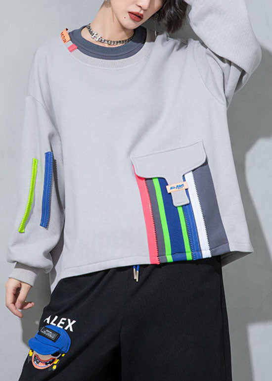 Grey O-neck Patchwork Loose Sweatshirt Spring