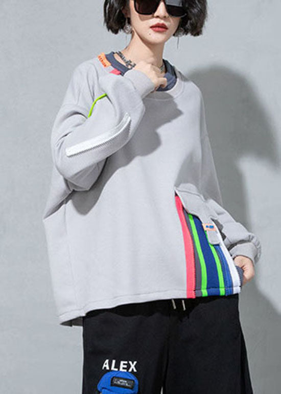 Grey O-neck Patchwork Loose Sweatshirt Spring