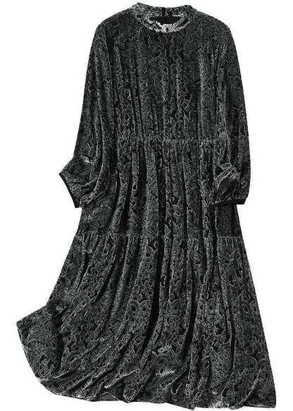 Grey O-neck Patchwork Print Silk Velour Maxi Dress Spring