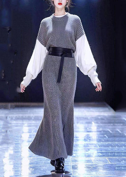 Grey O-neck Patchwork Tie Waist Cotton Knit Sweater Dress Long Sleeve