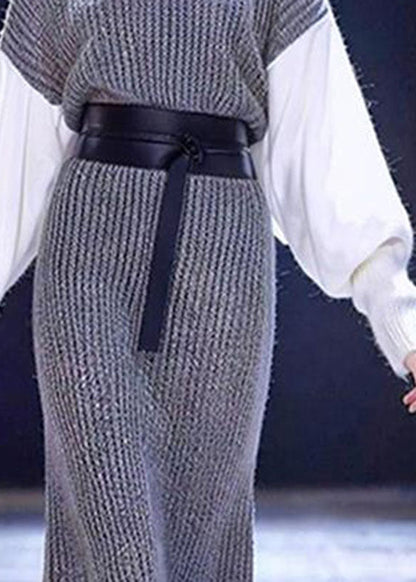 Grey O-neck Patchwork Tie Waist Cotton Knit Sweater Dress Long Sleeve