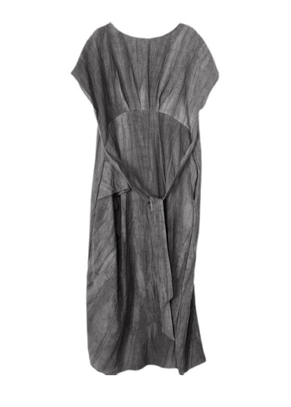 Grey O-neck Pockets Wrinkled Tie Waist Linen Long Dresses Short Sleeve