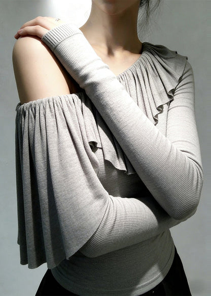 Boho Grey One Shoulder Ruffles Cotton Top Spring