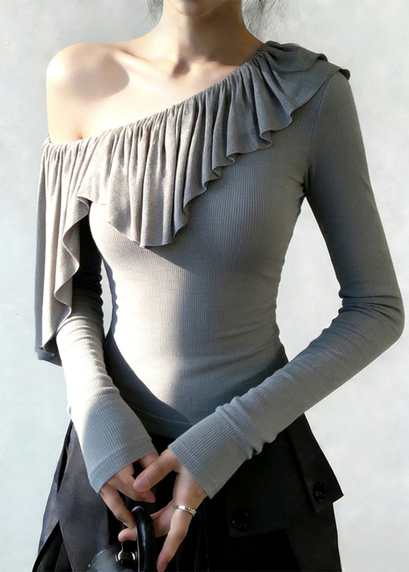 Boho Grey One Shoulder Ruffles Cotton Top Spring