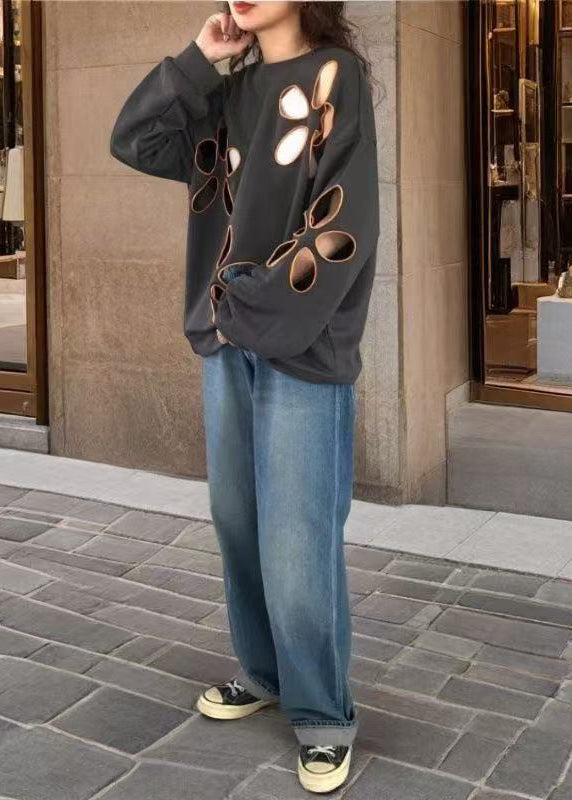 Boho Grey Oversized Hollow Out Cotton Pullover Streetwear Spring