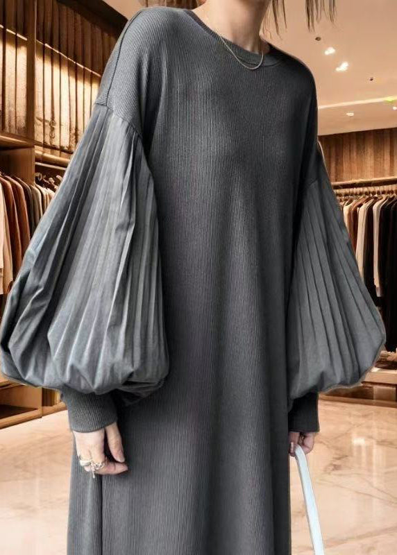 Grey Oversized Patchwork Cotton Dress Lantern Sleeve