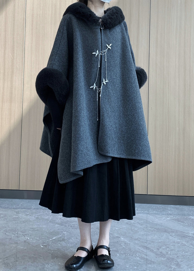 Grey Oversized Patchwork Faux Fur Woolen Trench Winter