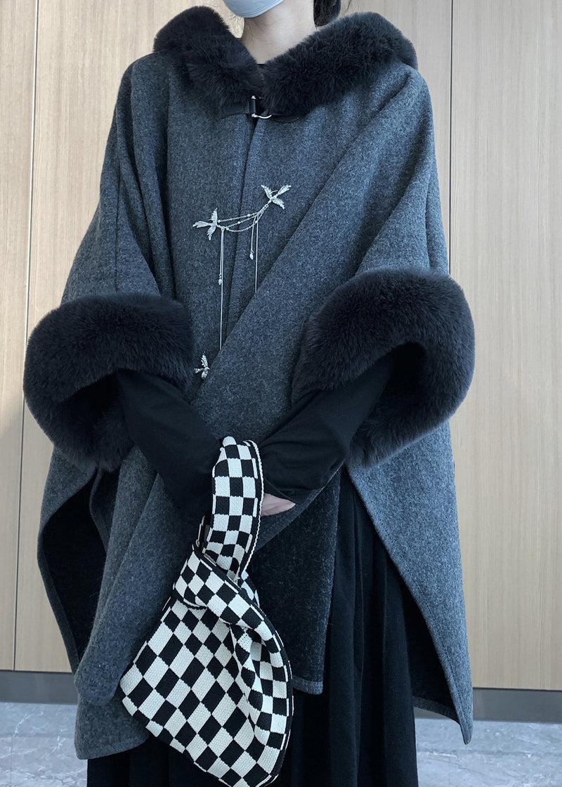 Grey Oversized Patchwork Faux Fur Woolen Trench Winter