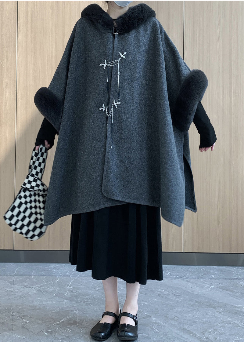 Grey Oversized Patchwork Faux Fur Woolen Trench Winter