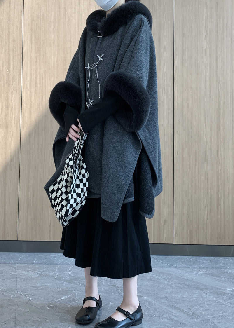 Grey Oversized Patchwork Faux Fur Woolen Trench Winter