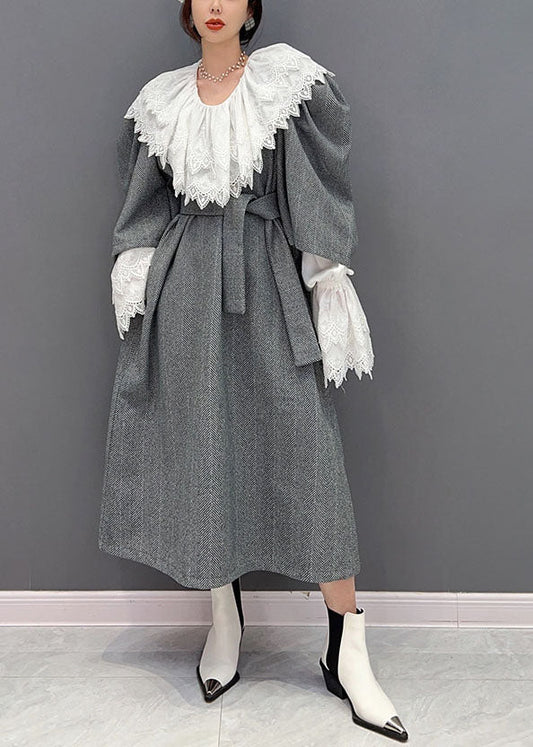 Grey Oversized Woolen Cinch Dress Two Pieces Set Spring