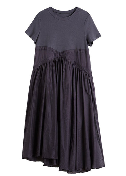 Grey Patchwork Cotton Party Dress Short Sleeve