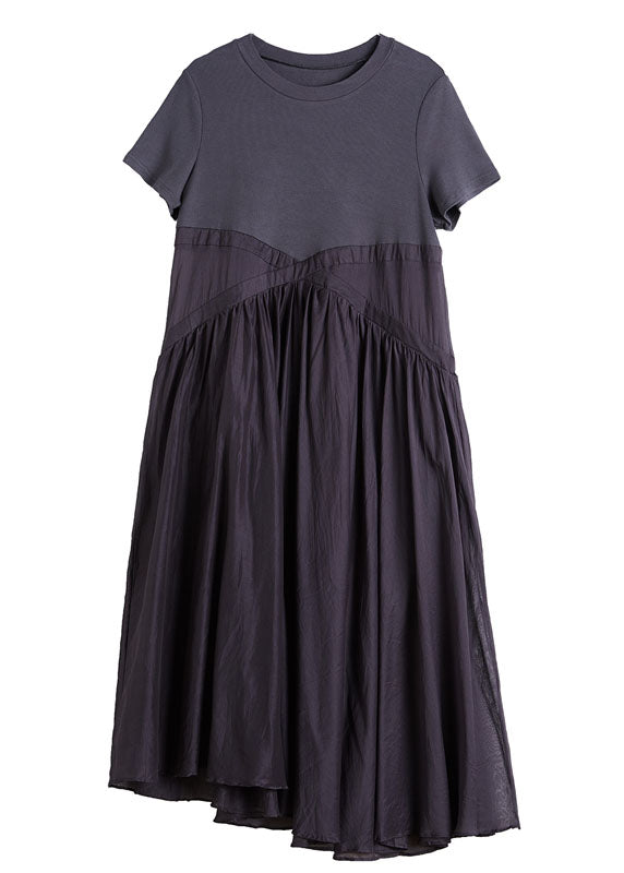 Grey Patchwork Cotton Party Dress Short Sleeve