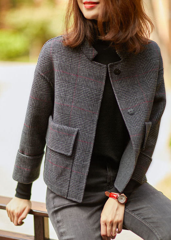 Grey Plaid Retro Loose Pockets Button Fall Winter Coat