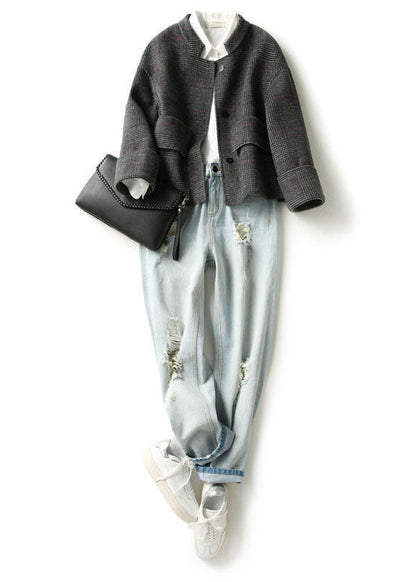 Grey Plaid Retro Loose Pockets Button Fall Winter Coat