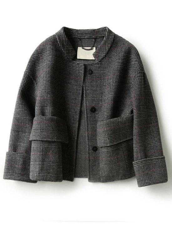 Grey Plaid Retro Loose Pockets Button Fall Winter Coat
