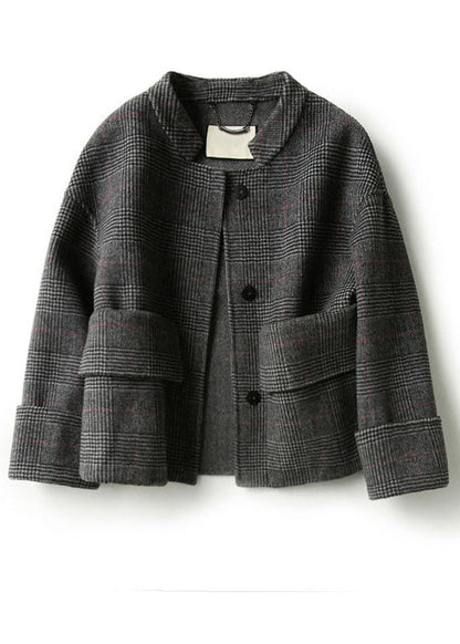 Grey Plaid Retro Loose Pockets Button Fall Winter Coat