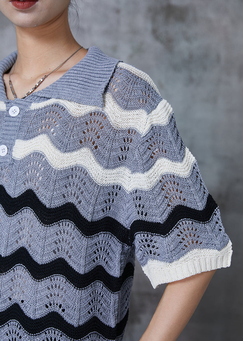 Grey Striped Hollow Out Knit Top Summer