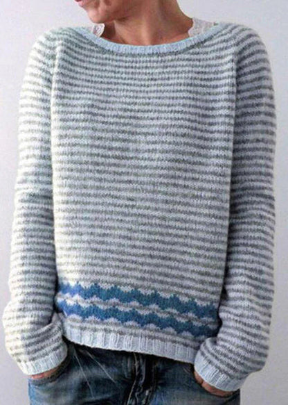 Grey Striped O Neck Cozy Knit Sweaters Fall