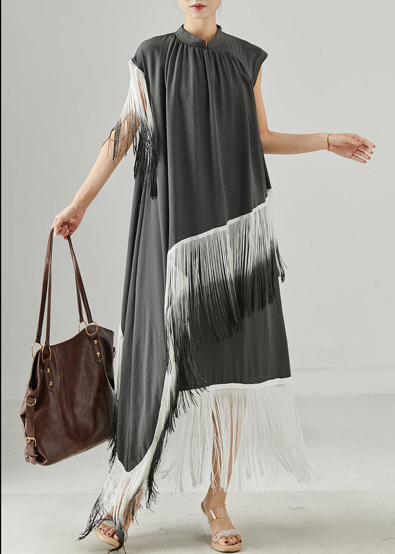 Grey Tasseled Patchwork Asymmetrical Design Robe Dresses