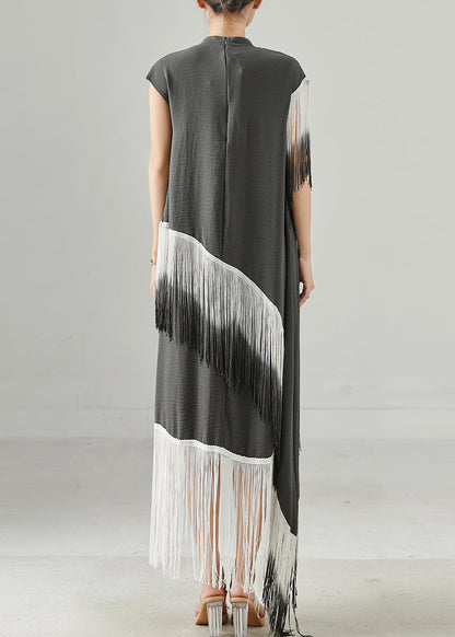 Grey Tasseled Patchwork Asymmetrical Design Robe Dresses
