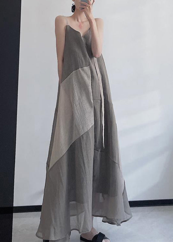 Grey V Neck Asymmetrical Design Patchwork Linen Spaghetti Strap Dress Sleeveless