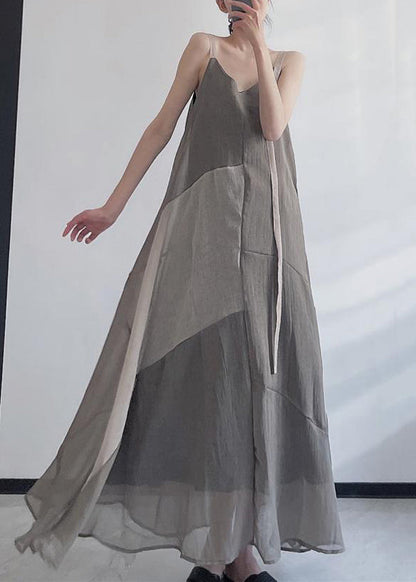 Grey V Neck Asymmetrical Design Patchwork Linen Spaghetti Strap Dress Sleeveless