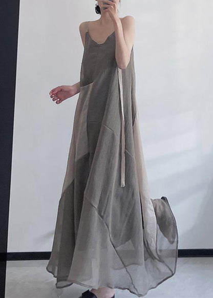 Grey V Neck Asymmetrical Design Patchwork Linen Spaghetti Strap Dress Sleeveless