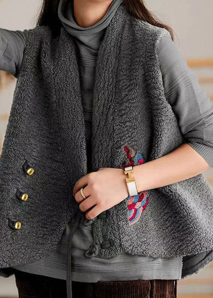 Grey V Neck Chinese Button Patchwork Wool Vest Sleeveless