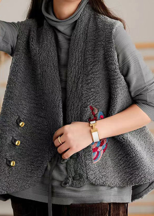 Grey V Neck Chinese Button Patchwork Wool Vest Sleeveless