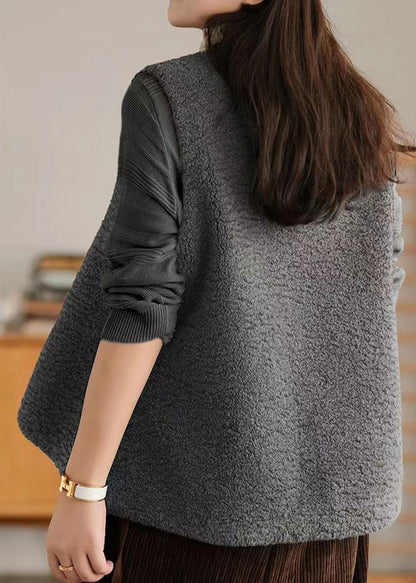 Grey V Neck Chinese Button Patchwork Wool Vest Sleeveless