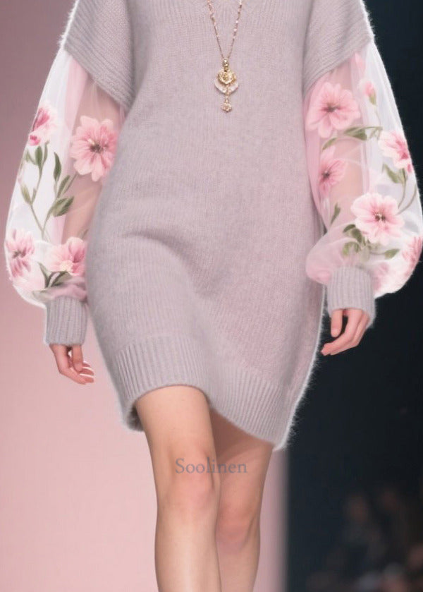 Grey V Neck Patchwork Tulle Knit Dress Winter