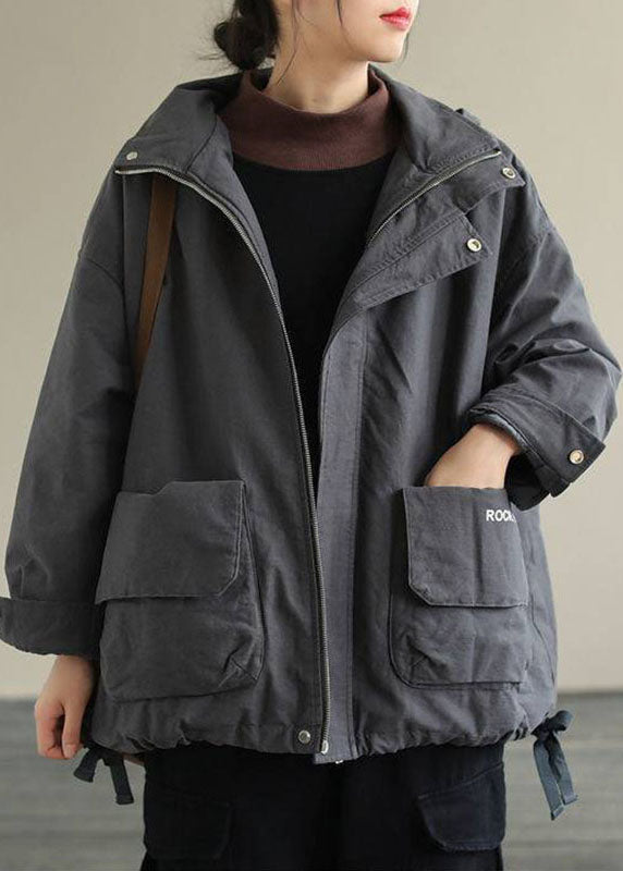 Grey Zippered Loose Drawstring Fall Long Sleeve Coat