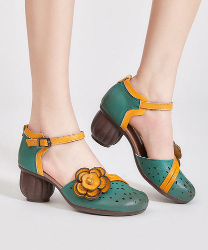 Hollow Out Chunky Heel Buckle Strap Brown Cowhide Leather