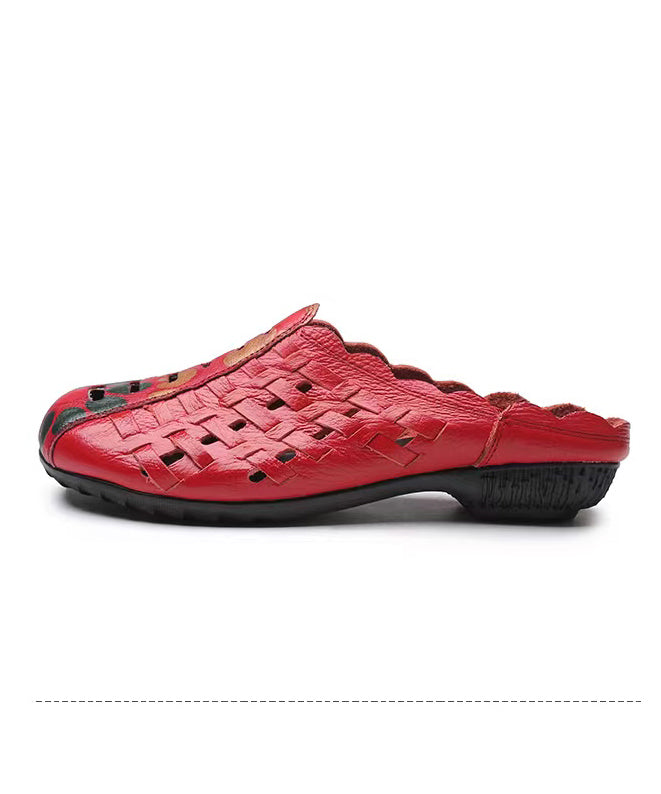 Hollow Out Splicing Red Cowhide Leather Slide Sandals