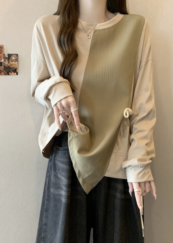 Khaki Asymmetrical Patchwork Cotton Sweatshirt Fall