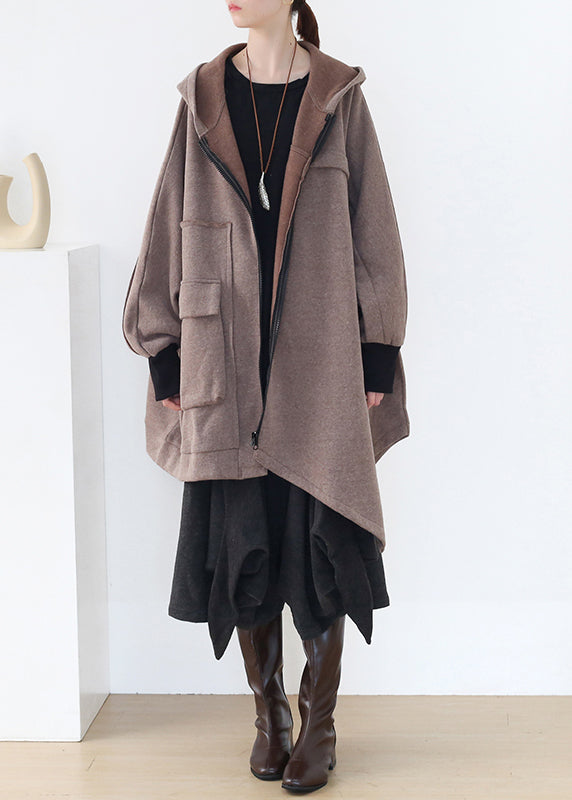 Khaki Asymmetrical Patchwork Zippered Thick Cotton Hoded Coats Fall