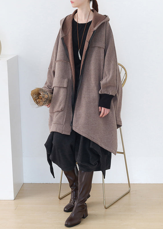 Khaki Asymmetrical Patchwork Zippered Thick Cotton Hoded Coats Fall