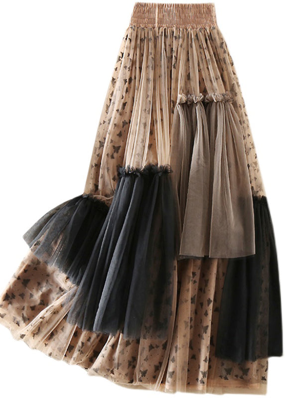 Khaki Asymmetrical Print Tulle Skirts Spring