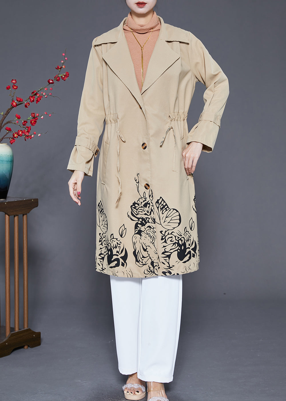 Khaki Cinched Print Cotton Coat Outwear Fall