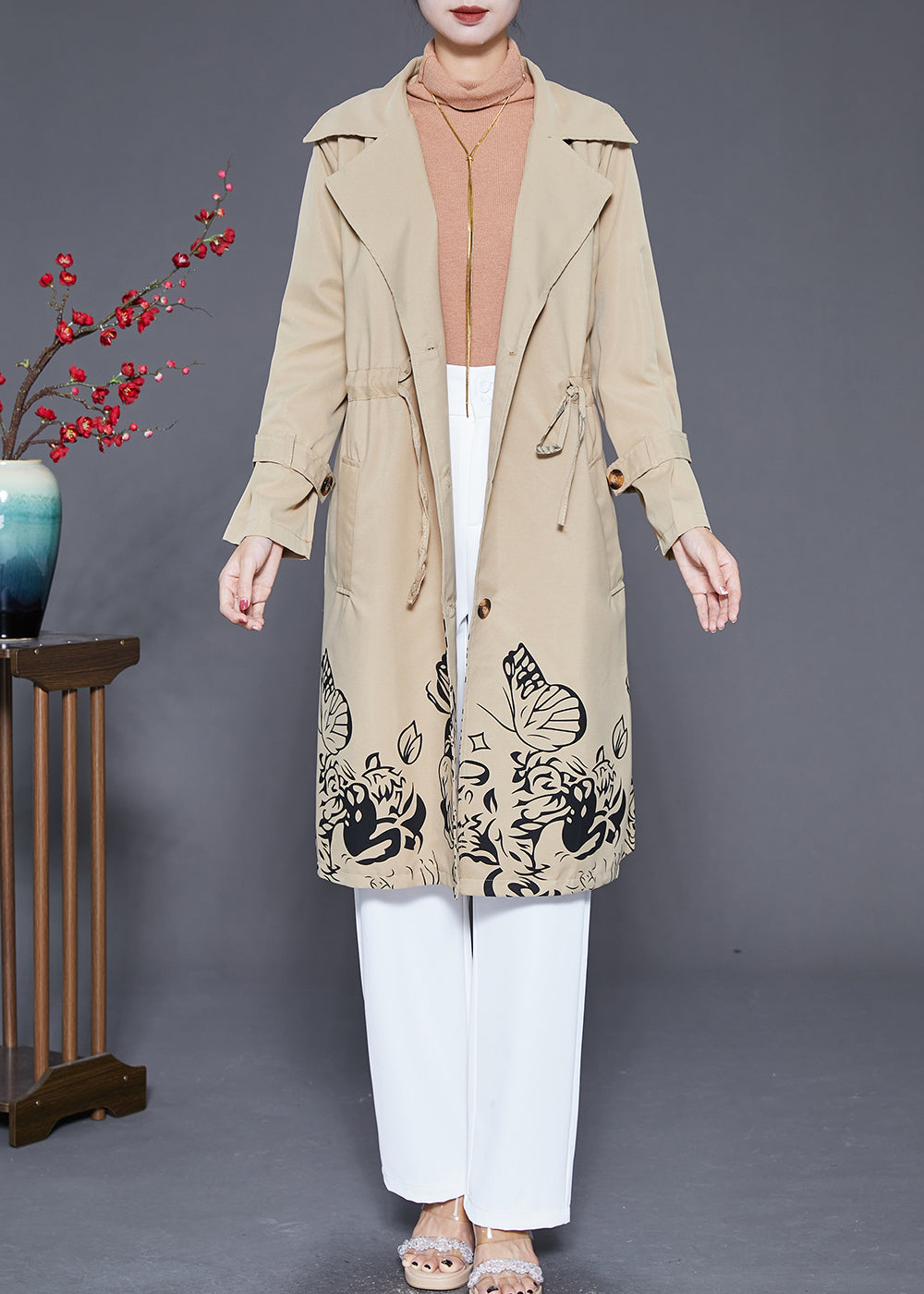 Khaki Cinched Print Cotton Coat Outwear Fall