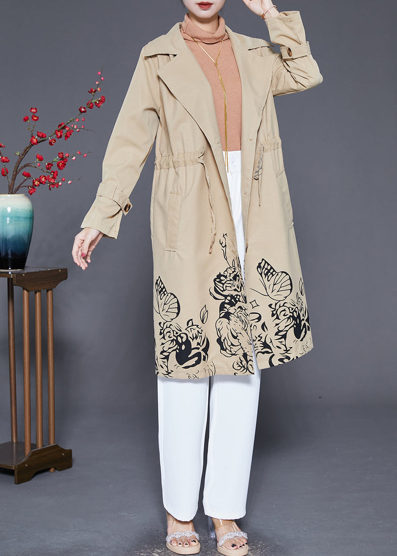 Khaki Cinched Print Cotton Coat Outwear Fall