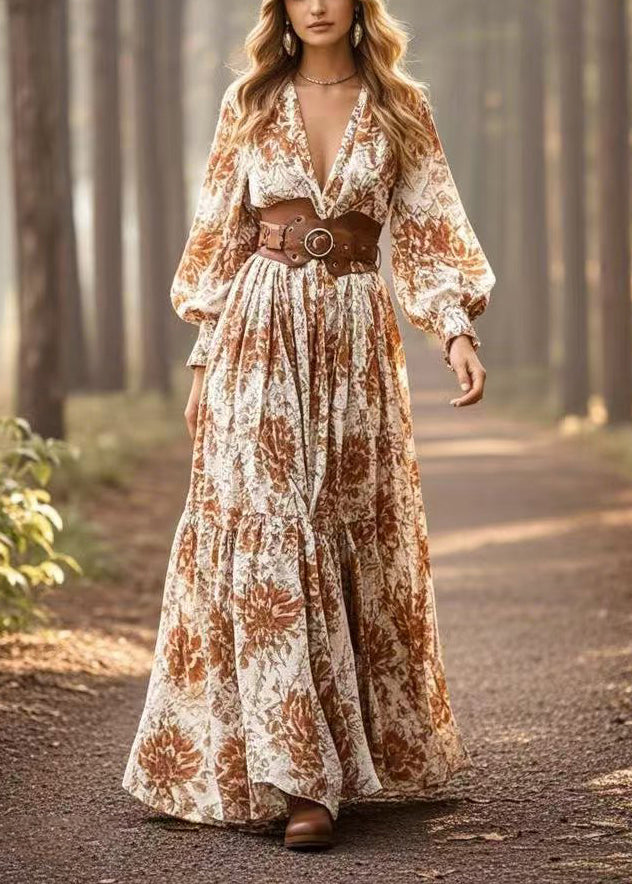 Khaki Cinched Print Cotton Maxi Dresses Spring