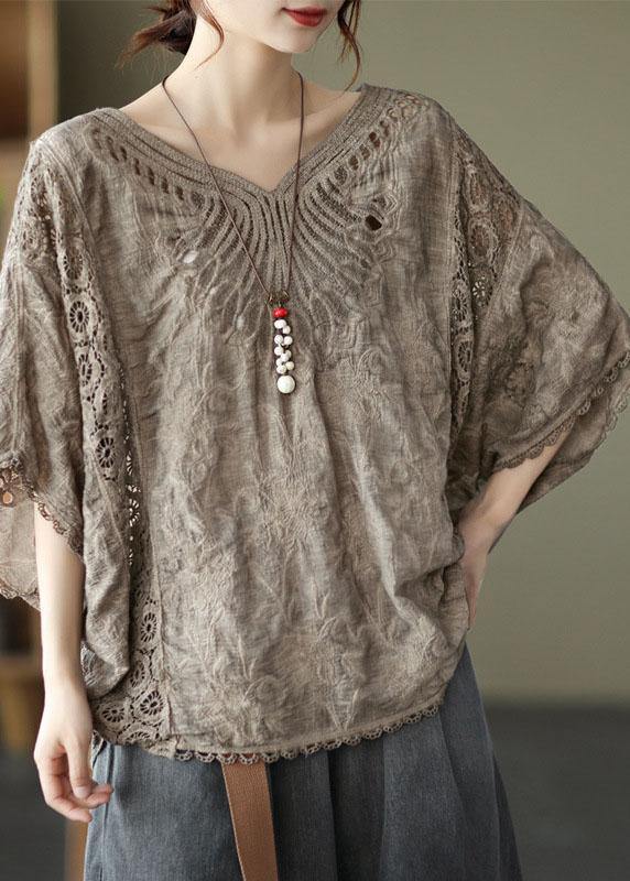 Khaki Cotton V Neck Embroideried Hollow Out Summer Blouses