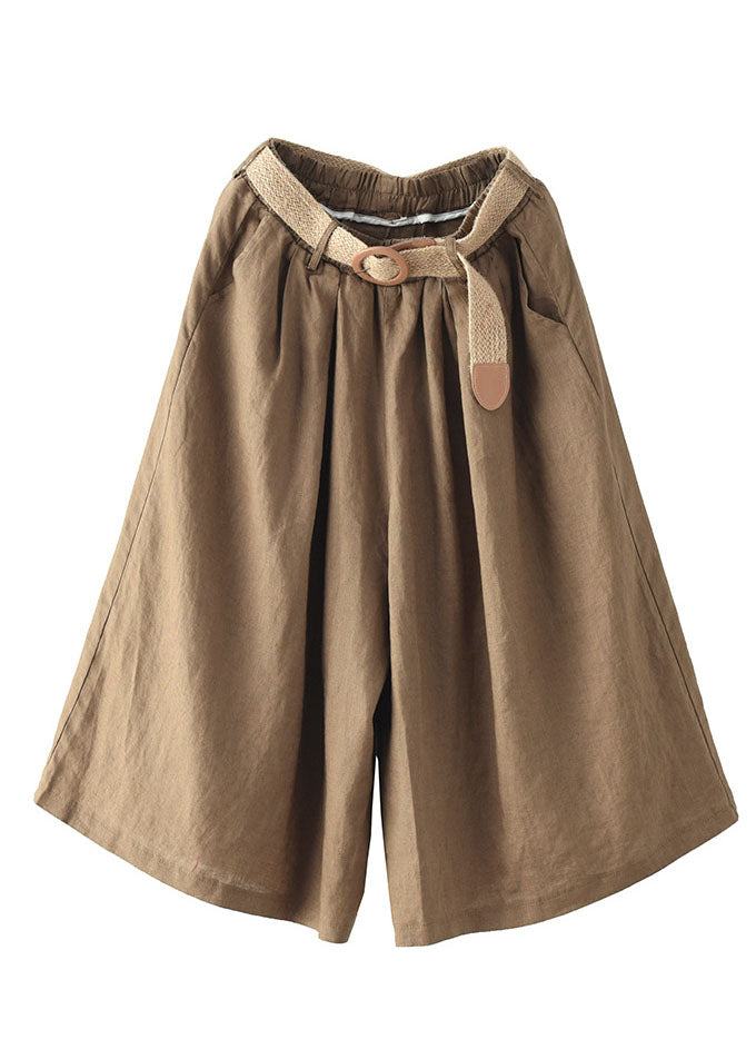 Khaki Elastic Waist Oversized Pockets Linen Wide Leg Crop Pants Summer