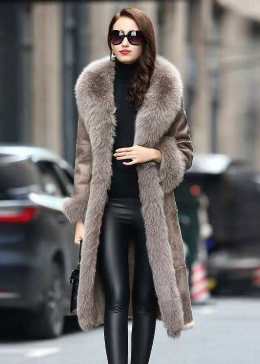 Khaki Fox Collar Cinched Fuzzy Rabbit Leather and Fur Coats Winter